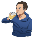 ステイホームでジョッキのビールを飲む男性（メガネ無しバージョン）のイラスト