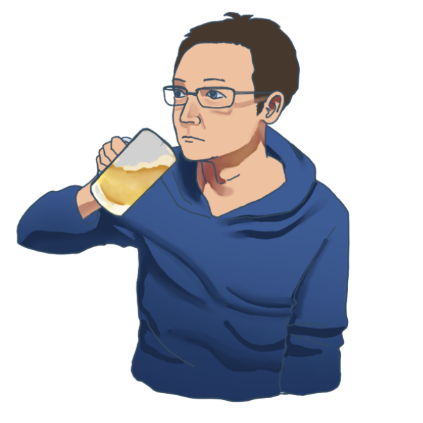 ステイホームでジョッキのビールを飲む男性（メガネありバージョン）のイラスト