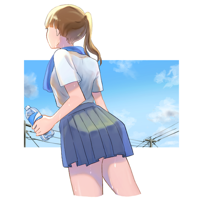 真夏に汗をかくポニーテールの女子高生のイラスト（昼間のバージョン）