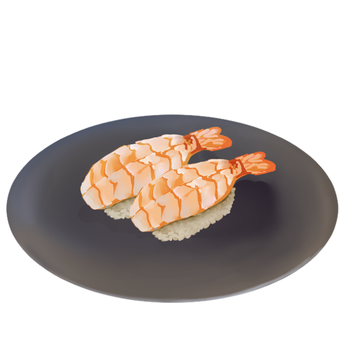 海老（ボイル海老）のお寿司のイラスト（お皿有りバージョン）