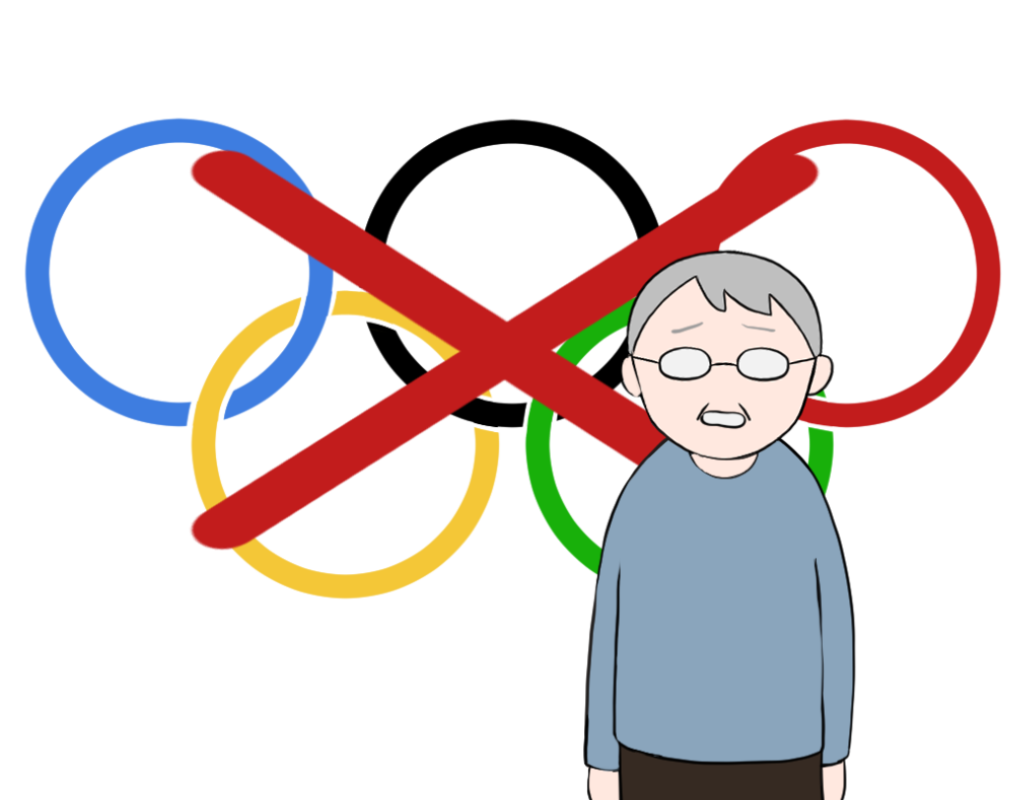 オリンピック中止に落胆する老人の男性のイラスト