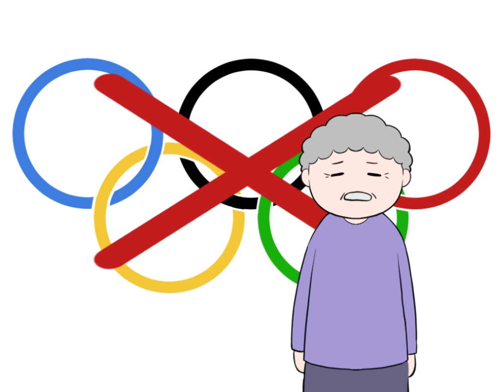 オリンピック中止に落胆する老人の女性のイラスト