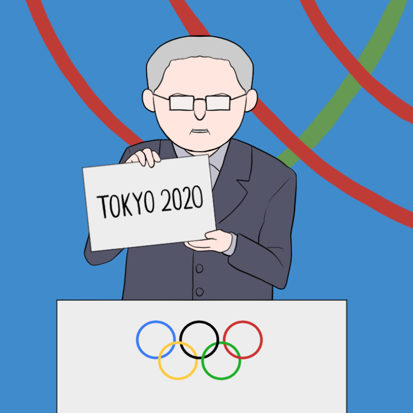 東京オリンピックの開催を報じるシーンのイラスト（背景あり）