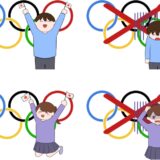 オリンピック開催を喜ぶ人とオリンピック中止に落胆する人のイラスト（若い男女バージョン）