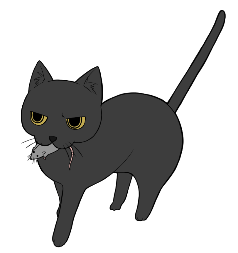 ネズミを咥える黒猫のイラスト