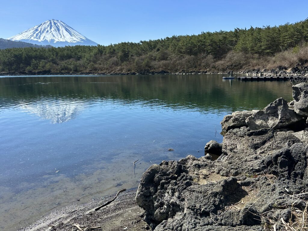 富士五湖の西湖と富士山の写真