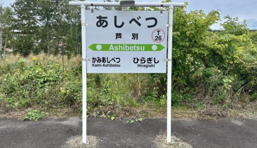 芦別駅の駅舎と駅名板